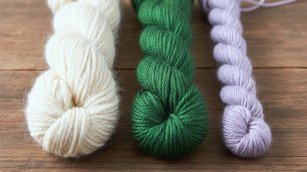 Drie strengen garen van verschillende diktes, naast elkaar.