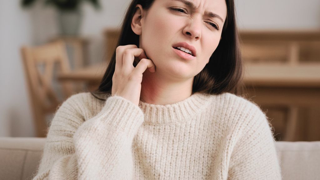 Een vrouw die een wollen trui aan heeft en zichzelf krabt.