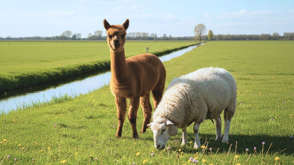 Een merinoschaap en een bruina alpaca in een wei.