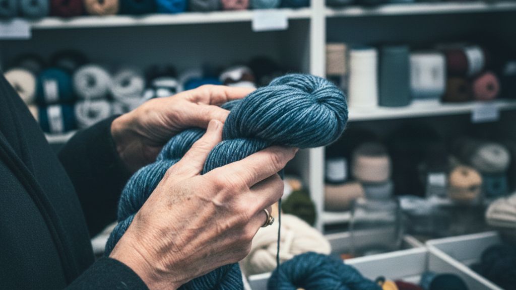 Een close up van de handen van een ouder dame, die een streng garen vasthouden