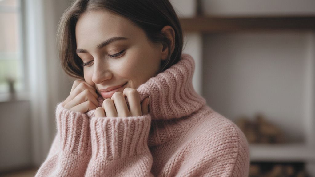 Vrouw met een roze, gebreide trui aan, gemaakt van zachte wol.