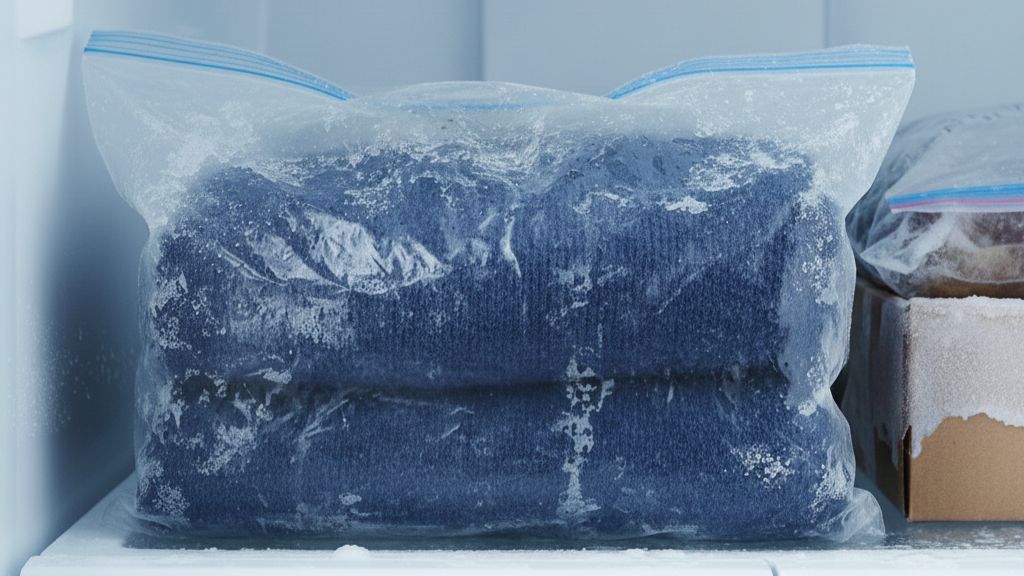 Een wollen trui in een plastic zak in de vriezer