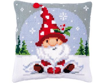 Kerstkabouter in de sneeuw borduurkussen - Vervaco borduurpakket | hobbygigant.nl