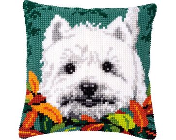 Westie herfstbladeren borduurkussen - Vervaco borduurpakket