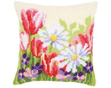 Lente bloemen borduurkussen - Vervaco borduurpakket