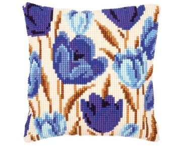 Blauwe Tulpen borduurkussen - Kussenpakket Vervaco | HobbyGigant