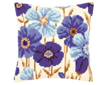 Blauwe Anemonen borduurkussen - Kussenpakket Vervaco | HobbyGigant