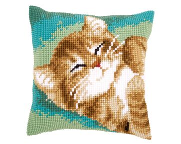 Spinnende kat borduurkussen - Vervaco borduurpakket | HobbyGigant