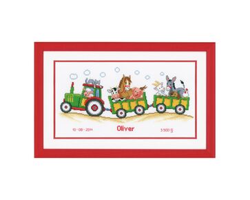 Geboortetegel Tractor met dieren - Vervaco Borduurpakket