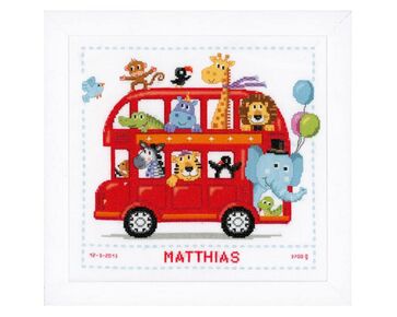 Geboortetegel  Vrolijke Dierenbende in de bus - Vervaco borduurpakket