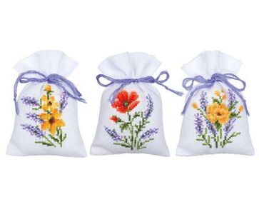 Kruidenzakjes Bloemen en Lavendel borduurpakket - set van 3 - Vervaco telpatroon-HobbyGigant