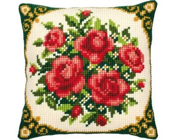 Bloemen en groene hoeken borduurkussen - Vervaco borduurpakket-HobbyGigant