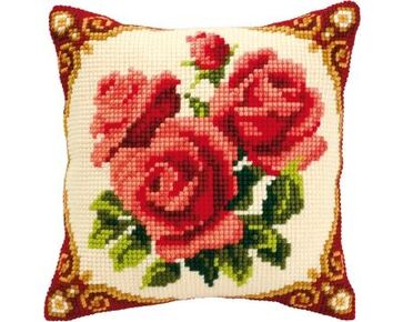 Bloemen en rode hoeken borduurkussen - Vervaco borduurpakket-HobbyGigant