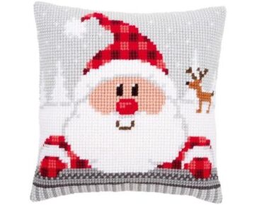 Kerstman met geruite muts borduurkussen - Vervaco borduurpakket-HobbyGigant