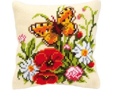 Bloemen met vlinder borduurkussen - Vervaco borduurpakket | HobbyGigant