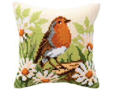Roodborstje met margrieten borduurkussen - Kussenpakket Vervaco | HobbyGigant