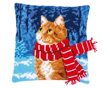 Kat met sjaal borduurkussen - Vervaco borduurpakket | borduurpakketten | hobbygigant.nl