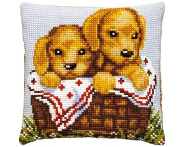 Kussen met Retriever Puppy's borduren - Pako borduurkussen | borduurpakketten | hobbygigant.nl