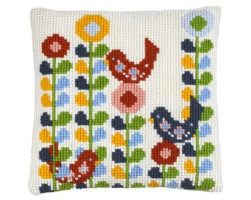 Kussen met Scandinavische Vogels gekleurd borduren - Pako borduurkussen | borduurpakketten | hobbygigant.nl