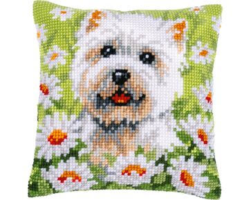 Hond met madeliefjes borduurkussen - Vervaco borduurpakket | borduurpakketten | hobbygigant.nl