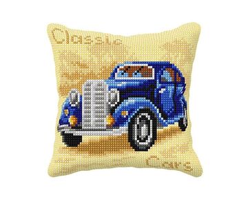 Blauwe auto borduurkussen - borduurpakket Orchidea | borduurpakketten | hobbygigant.nl