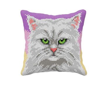 Witte kat borduurkussen - borduurpakket Orchidea | borduurpakketten | hobbygigant.nl