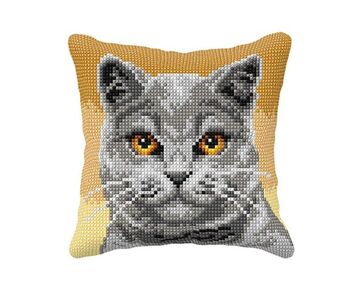 Grijze kat borduurkussen - borduurpakket Orchidea | borduurpakketten | hobbygigant.nl