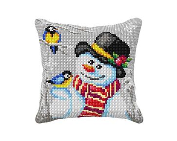 Sneeuwpop met pimpelmeesjes borduurkussen - borduurpakket Orchidea | borduurpakketten | hobbygigant.nl