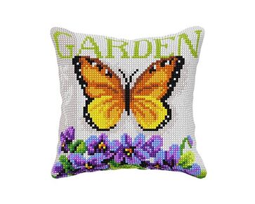 Kussen met vlinder en viooltjes borduren - borduurpakket Orchidea | borduurpakketten | hobbygigant.nl