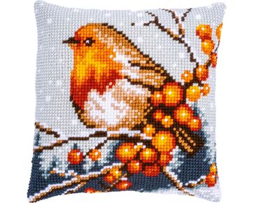 Roodborstje in de sneeuw borduurkussen - Vervaco borduurpakket | borduurpakketten | hobbygigant.nl