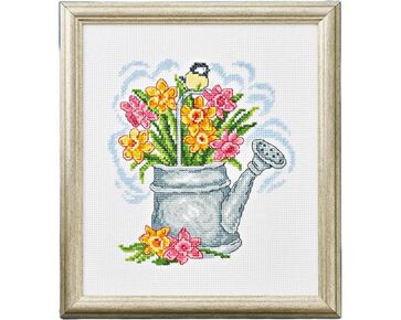 Gieter met tulpen en koolmeesje - Permin telpakket | borduurpakketten | hobbygigant.nl