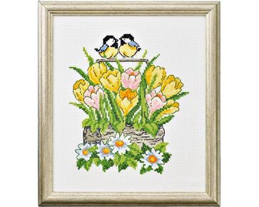 Tulpen en koolmeesjes in mand - Permin telpakket | borduurpakketten | hobbygigant.nl