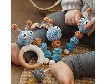 Baby speelgoed set speenkoord, bijtring en rammelaar haken - Durable haakpakket, Kleur: Blauw