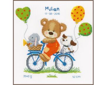 Fietsend beertje - geboortetegel borduren - Vervaco borduurpakket | borduren baby | hobbygigant.nl