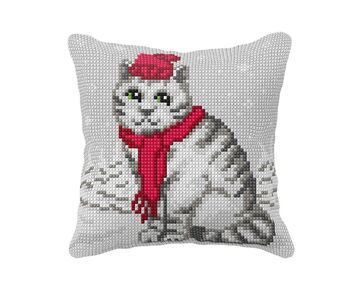 Kat met rode hoed borduurkussen - Orchidea borduurpakket | hobbygigant.nl