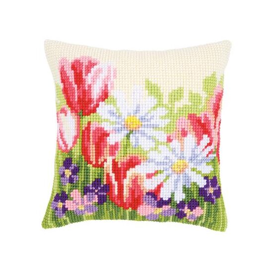 Lente bloemen borduurkussen - Vervaco borduurpakket