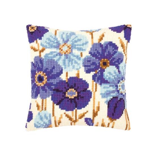 Blauwe Anemonen borduurkussen - Kussenpakket Vervaco | HobbyGigant