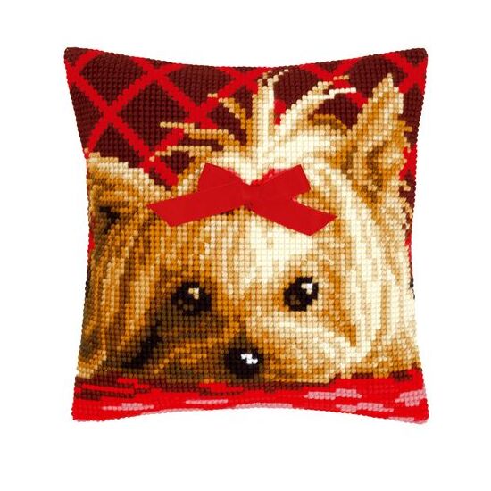 Yorkshire met strikje borduurkussen - Kussenpakket Vervaco | HobbyGigant