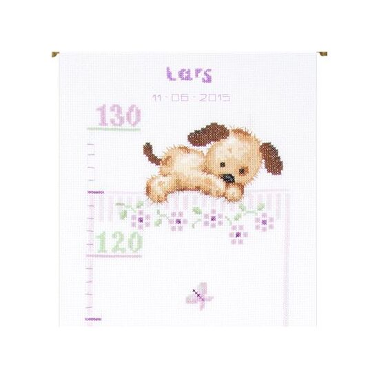 Groeimeter spelende hondjes met bloemen - Vervaco borduurpakket