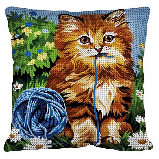 Kat met bolletje wol borduurkussen - Margot de Paris borduurpakket | HobbyGigant