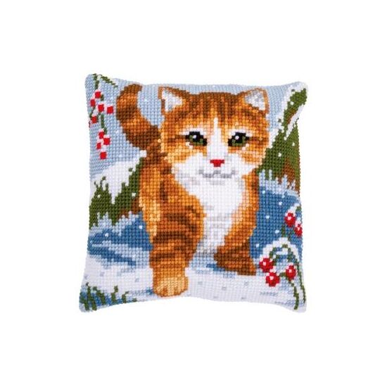 Kat in de sneeuw borduurkussen - Vervaco borduurpakket | HobbyGigant