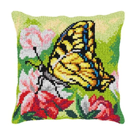 Gele vlinder borduurkussen - borduurpakket Orchidea | HobbyGigant