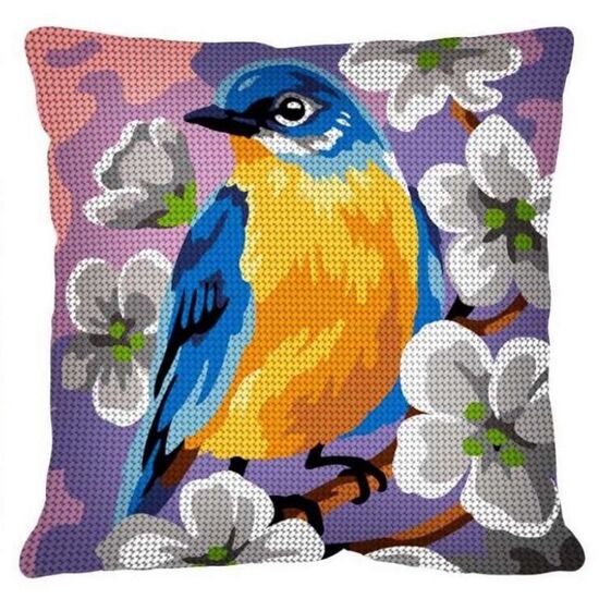 Blauw gele vogel borduurkussen - Margot de Paris borduurpakket | HobbyGigant