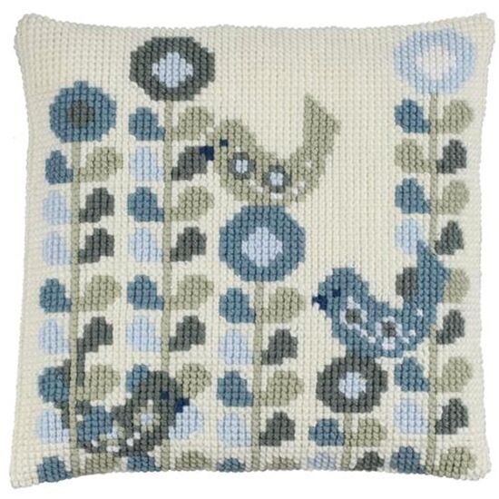 Kussen met Scandinavische Vogels blauw borduren - Pako borduurkussen | borduurpakketten | hobbygigant.nl