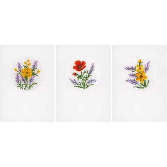 Wenskaarten met bloemen en lavendel borduren - set van 3 - Vervaco borduurpakket | borduurpakketten | hobbygigant.nl
