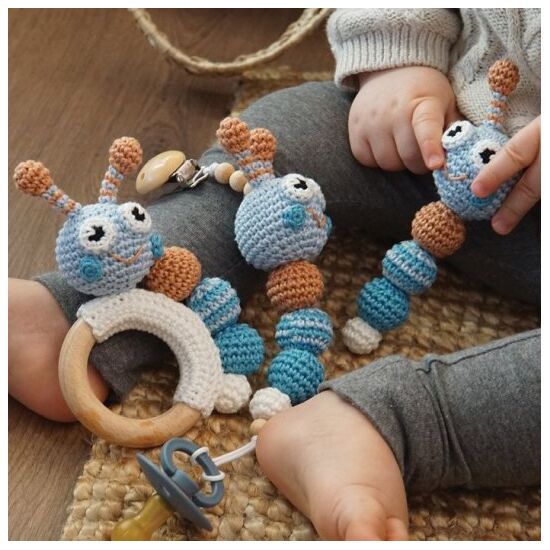 Baby speelgoed set speenkoord, bijtring en rammelaar haken - Durable haakpakket, Kleur: Blauw