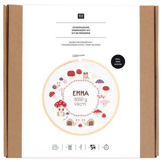 Geboortetegel Paddenstoelen borduren - kruissteek borduurpakket Rico Design | hobbygigant.nl